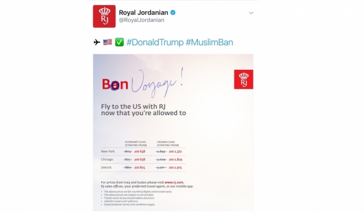 No comment! Reclama Royal Jordanian Airlines, publicată imediat după ridicarea temporară a interdicției de a intra în SUA pentru cetățenii din șapte state musulmane